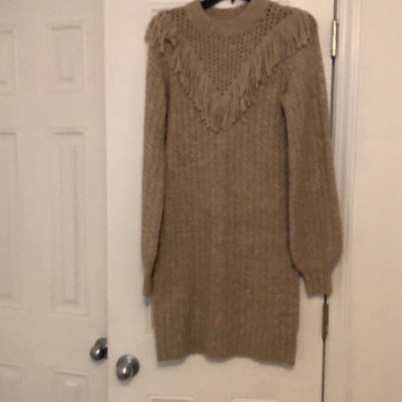 Beige knee length sweater dress with fringe detail - Picture 2 of 4